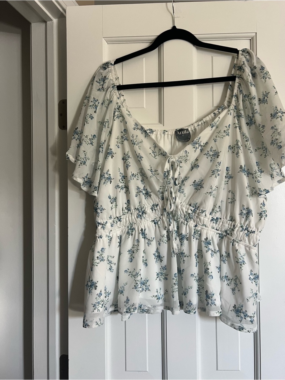 ARULA Cream Blouse with Blue Floral Print and Lace-Up Front